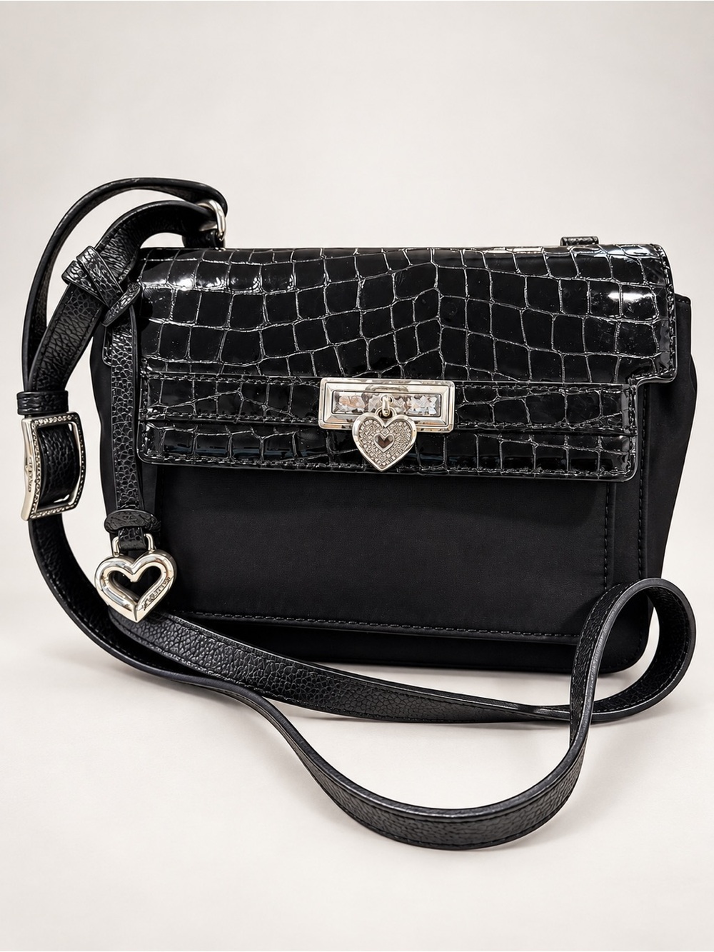 Brighton Black Patent Croc Embossed Nylon Crossbody Handbag Heart Charm